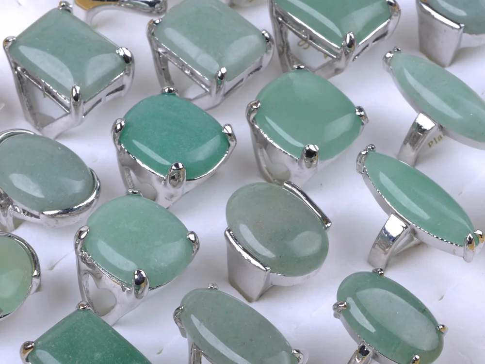 

20pcs Geometric Square Opal Stone Ring Queen Jewelry Antique Silver Color Green Beads White Stone Finger Rings