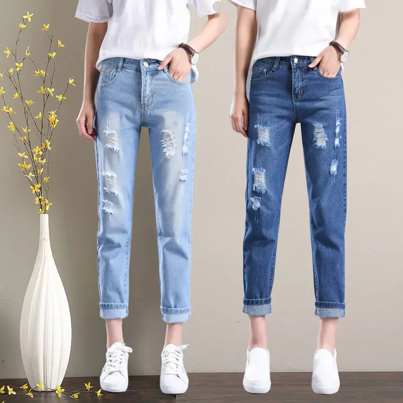 

2021 summer high waist pierced jeans women's Capris spring and summer new loose Korean student high waist Harem Pants fashion