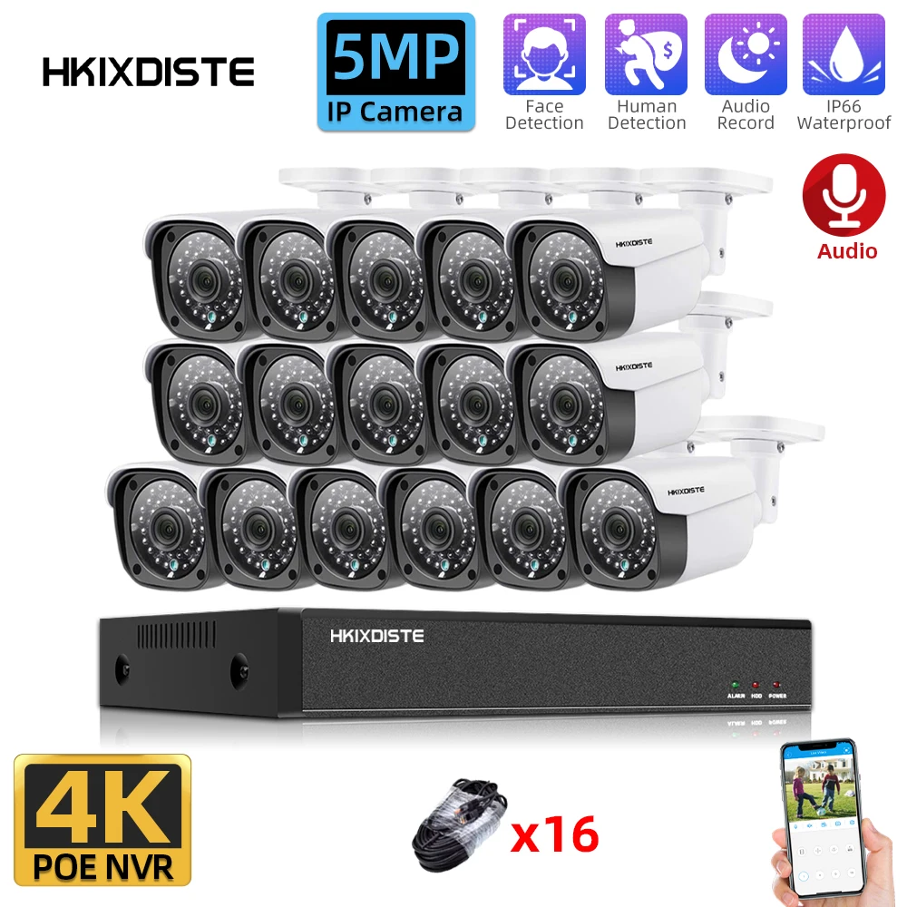 

H.265 16CH 4K POE NVR Audio Record CCTV System 5MP Outdoor IP67 Weatherproof POE IP Cameras Video Security Set 8CH 8MP HD Set