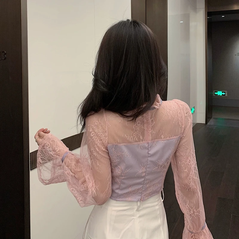

Women Patched Lace Full Flare Sleeve Cropped Blouses Shirts Lady Hollow Out Bowknot Collar Sweet Crop Tops Shirts For Girls