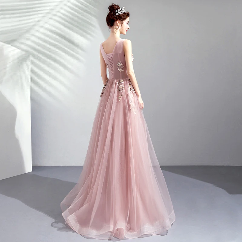 Новинка года; vestido de festa; милое Розовое Кружевное длинное вечернее платье с круглым вырезом; вечерние платья невесты с открытой спиной и бусинами; платья для выпускного с жемчугом