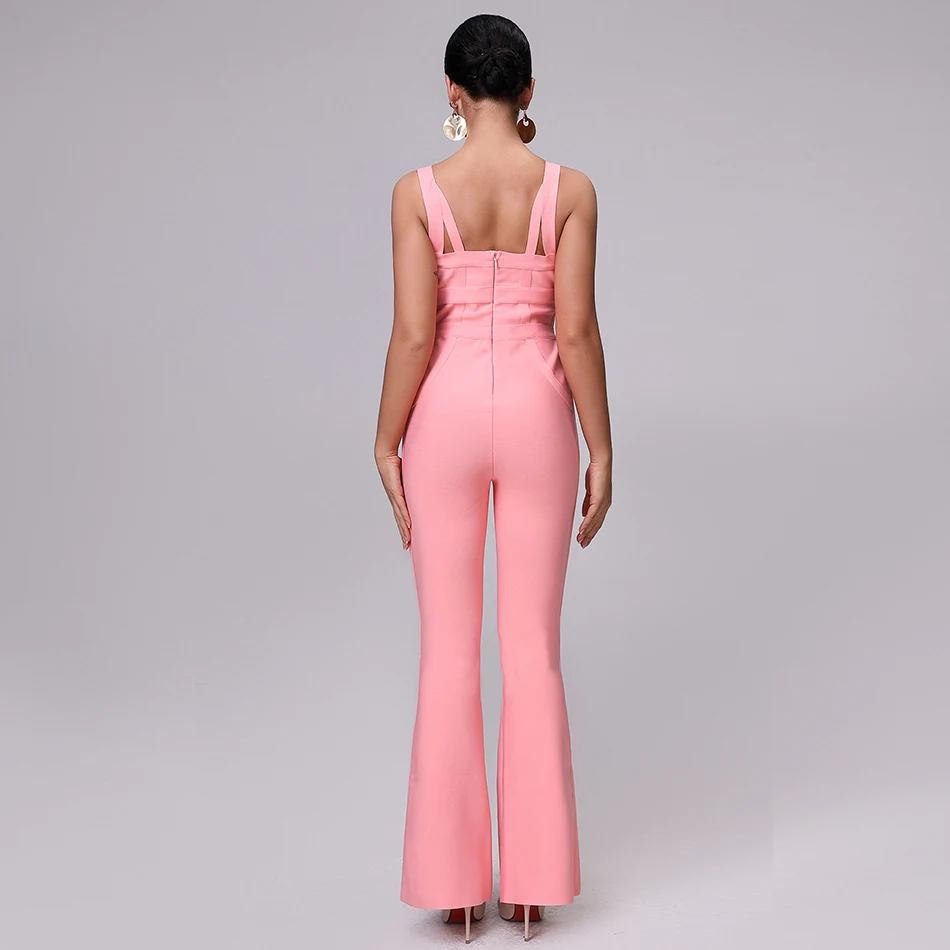 Женский бандажный комбинезон розовый пикантный из вискозы с v образным вырезом