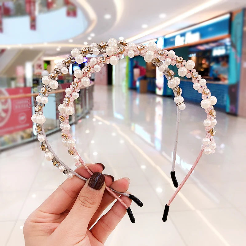 Детский обруч для волос милый с разноцветными стразами и жемчугом модные