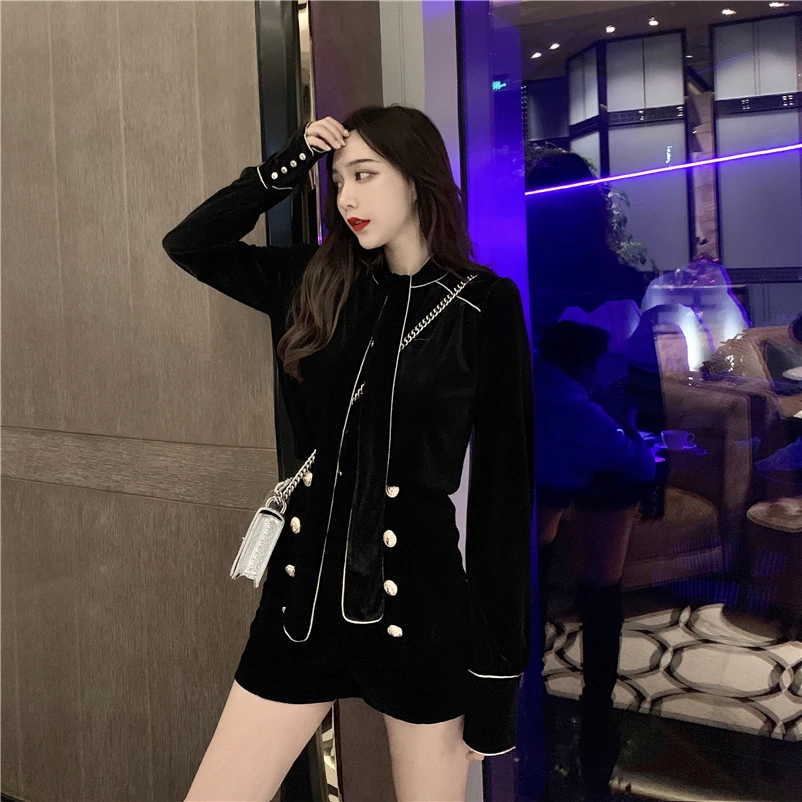 Модный костюм женский осенний и зимний галстук-бабочка с бархатной курткой