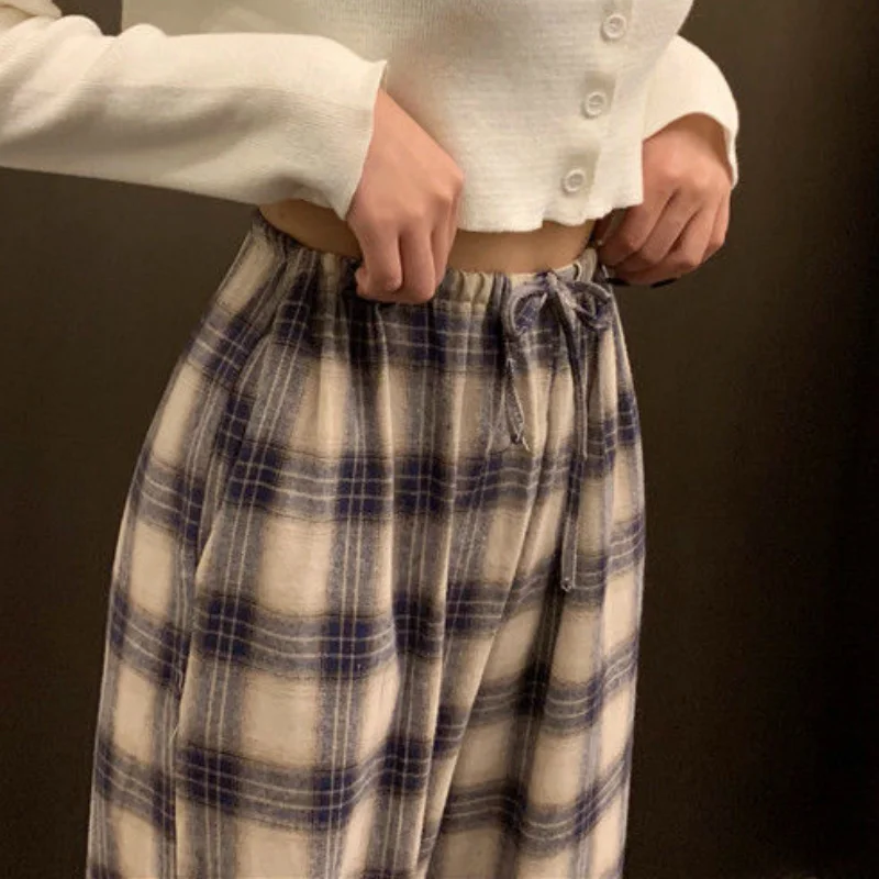 

Wide Leg Pants Women Plaid Ulzzang Loose High Waist Ankle-Length Spring Femme Preppy Style Popular Drawstring Cozy Casual Bottom