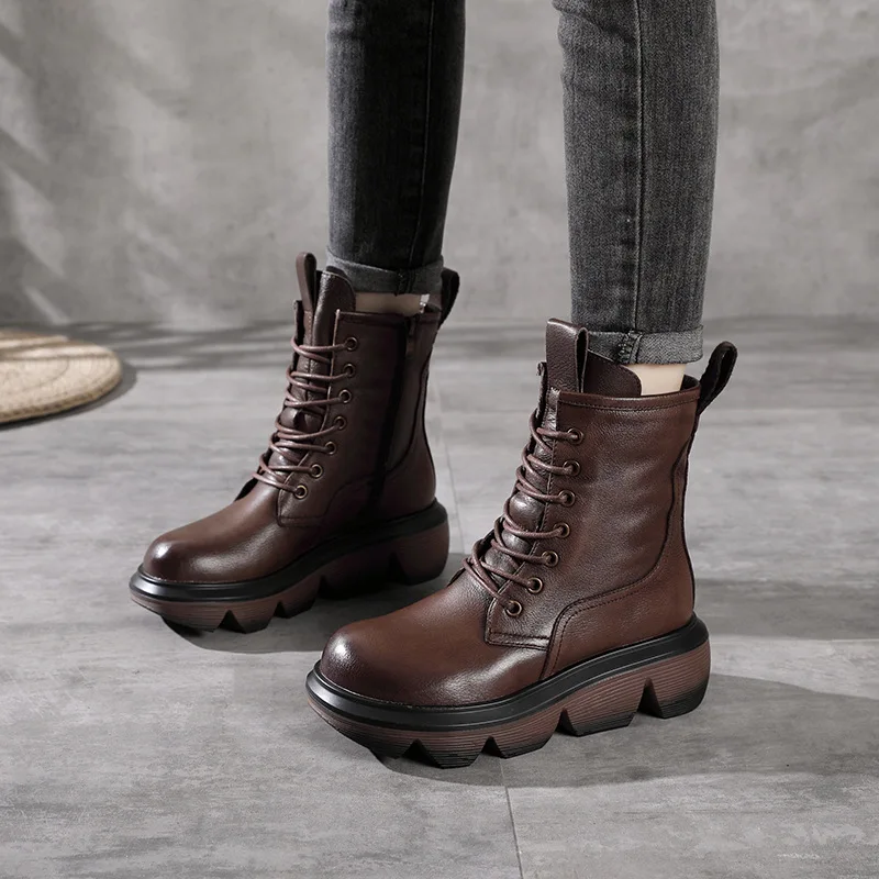 

Женские ботинки с круглым носком, высокий слой воловьей кожи, толстая подошва, вискоза, высокий каблук, черные, Осень-зима