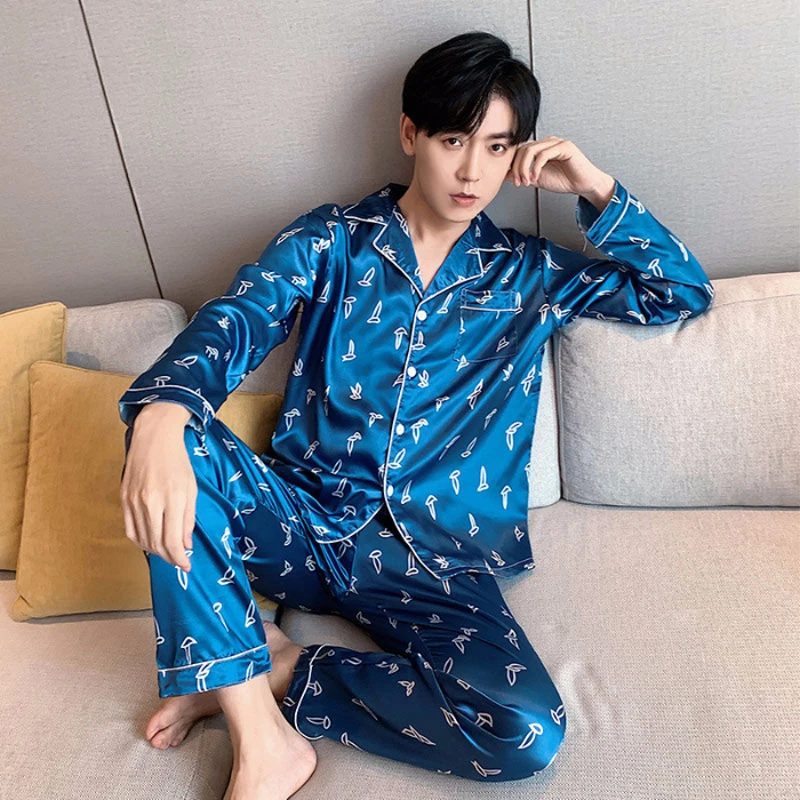 

Plus Size L-5XL Spring Mens Silk Satin Pyjamas Set Long Sleeve Sleepwear Leisure Male Pajamas Soft Homewear Suit