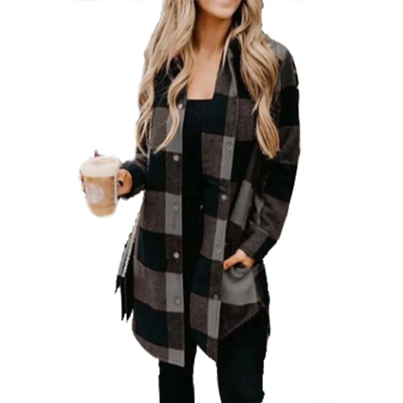 

Autumn Women's Shirts Fashion Lapel Plaid Mid-length Long-sleeved Jacket Shirt Blouse Shirt Women Womens Blouses