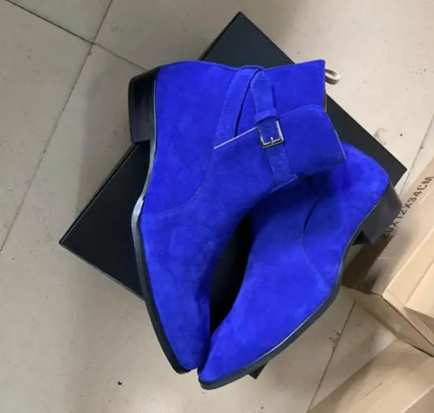 

2020 FR.LANCELOT Blue Suede Top Leather Men Chelsea Boots Slip On Buckles Shoes Men Ankle Boots Wholesales