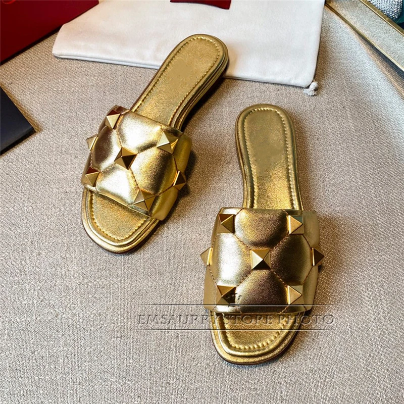 

Genuine Leather Multicolor Flat Heel Slippers Women Sewing Rivet Decor Open Toe Slip-On Runway Mules For Girls Summer