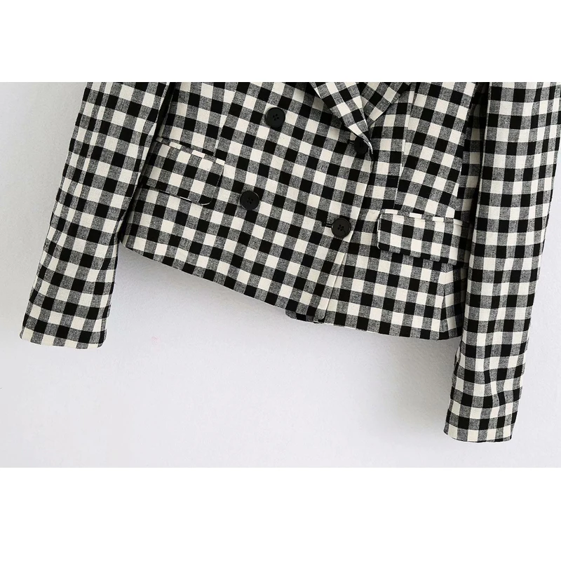 

YNZZU 2020 Autumn Women Plaid Suit Blazer Coat Vintage Notched Collar Double Breasted Office Lady Blazer Jacket Pockets A1496