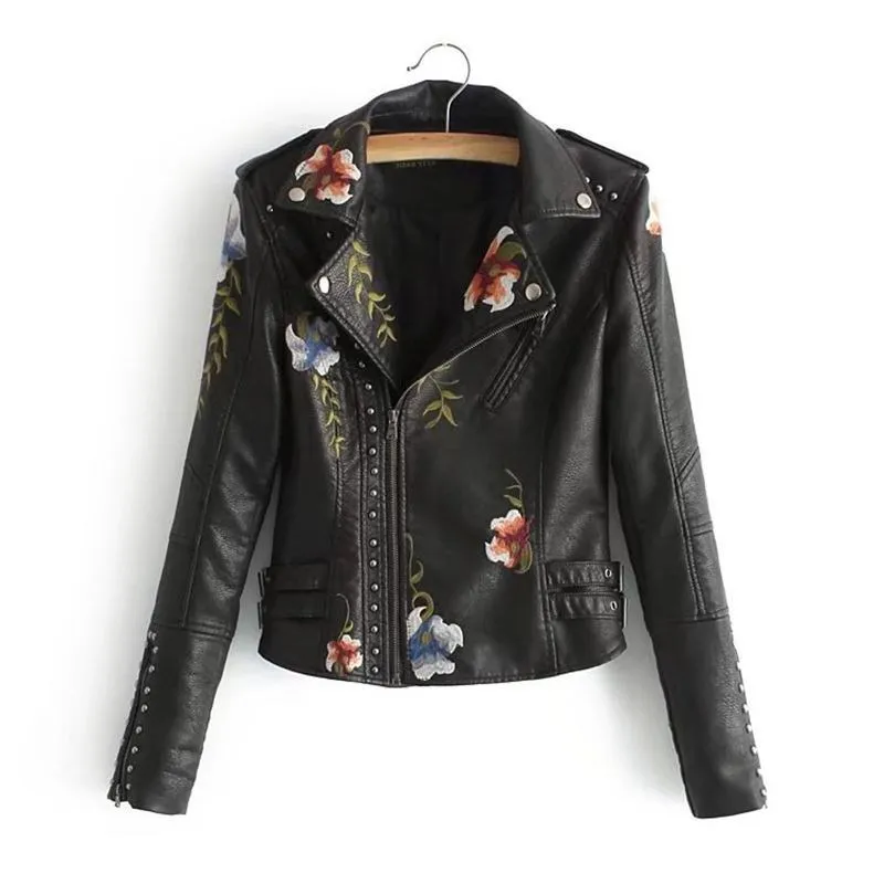 Fitaylor женская куртка из искусственной кожи с цветочной вышивкой мотоциклетное