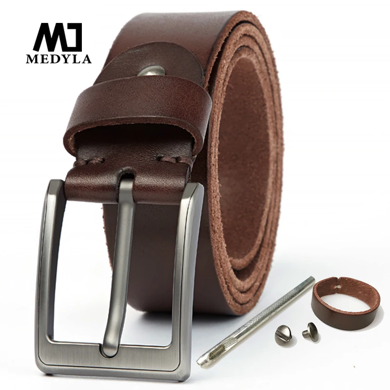 MEDYLA Italian genuine cowhide men's belt soft original cowhide brushed steel buckle leather belt men jeans casual pants belt