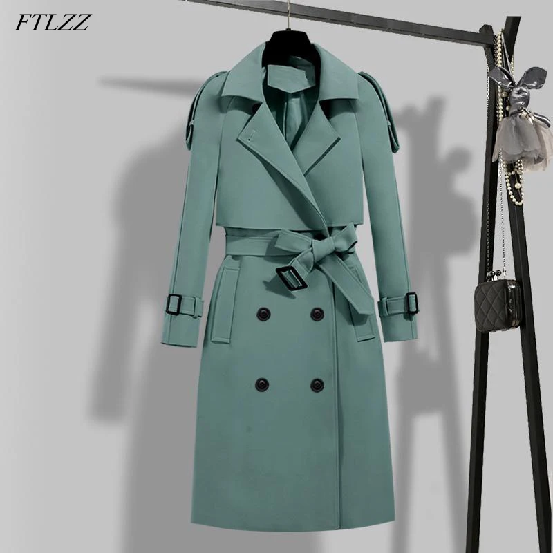 

FTLZZ New Autumn Winter Elegant Women Double Breasted Solid Trench Coat Vintage Turn-down Collar Warm Trench with Belt