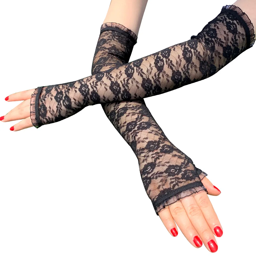 

Length 40CM 1Pair Sunscreen Lace Arm Sleeve Mittens Women Summer Arm Cover Fashion Classic UV Protection Cuffs Fingerless Gloves