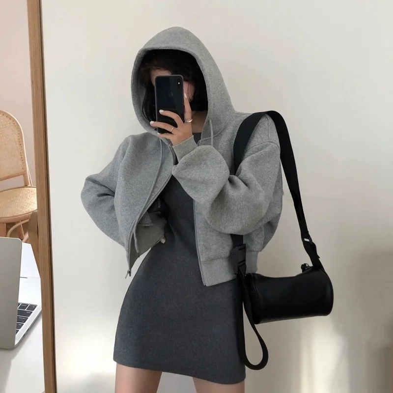 

Женский комплект из 2 предметов, облегающее мини-платье с капюшоном на молнии, Повседневная универсальная уличная одежда в Корейском стиле ...