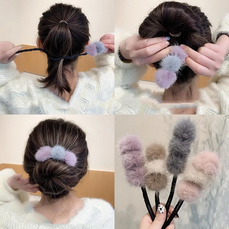 

New Women Elegant Bud Fur Ball Bun Maruko Hairstyles Making Long Tools Sweet Headband Hairbands Fashion Hair Accessories