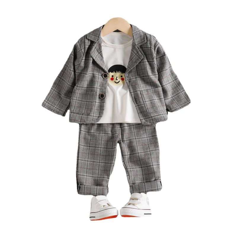 

Новый весенне-осенний костюм для маленьких девочек, детское клетчатое пальто для мальчиков, футболка и брюки, 3 шт./компл., повседневный кост...