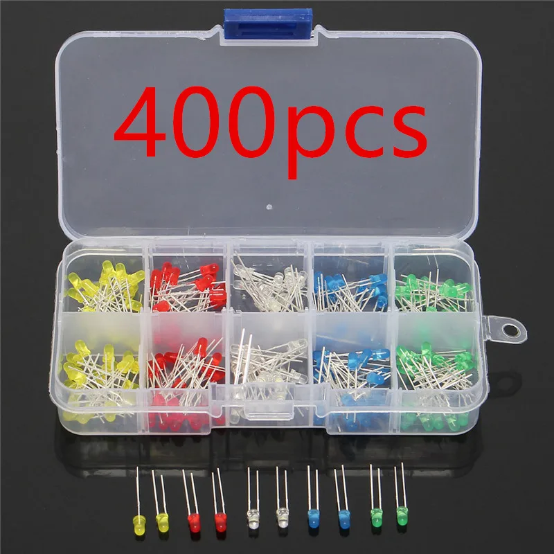 400pcs/Lot 3MM Led Kit With Box Mixed Color Red Green Yellow Blue White Light Emitting Diode Assortment 20PCS Each | Лампы и освещение
