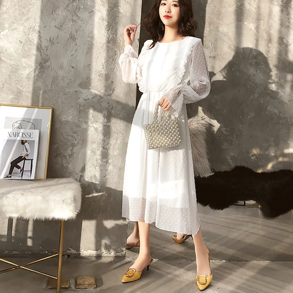 Женское шифоновое платье в горошек с оборками длинные брюки клеш эластичным