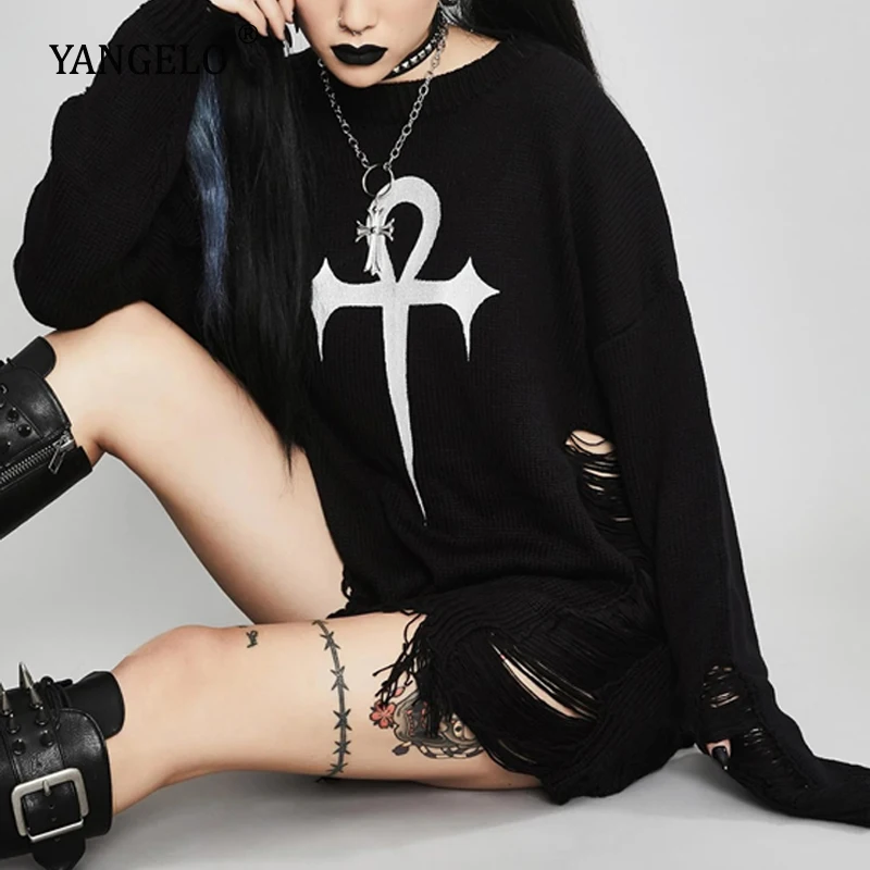 Yangelo Gothic Eternally Lifeless Distressed Sweater Women Autumn Winter Hole Long Sleeved Pullover Black Streetwear Female Top | Женская