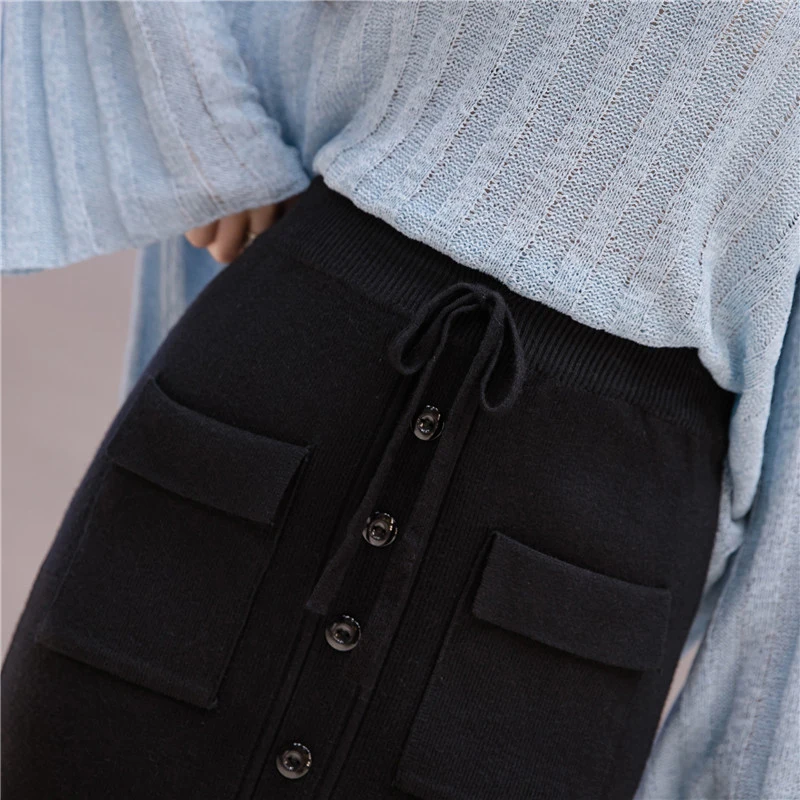 

Lucyever Fashion Women Midi Knitted Skirt Autumn Elastic High Waist Pocket Single Breasted Midi Skirt Casual Korean Female Skirt