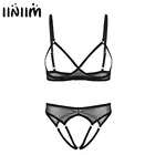 Женское прозрачное Сетчатое экзотическое нижнее белье, бюстгальтер для медового месяца, топ с открытыми сосками и трусики без косточек с дырками