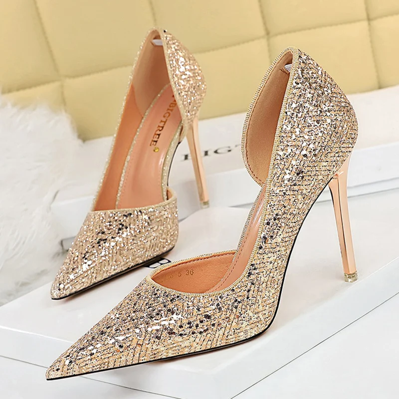 

2022 Sexy Women Bling Sequin 10.5cm High Heels Pumps Scarpins Designer Silver Stripper Heels Wedding Bridal Prom Shoes Plus Size