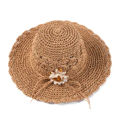 Летняя вязаная круглая соломенная шляпа с бантом и цветочным орнаментом дышащая