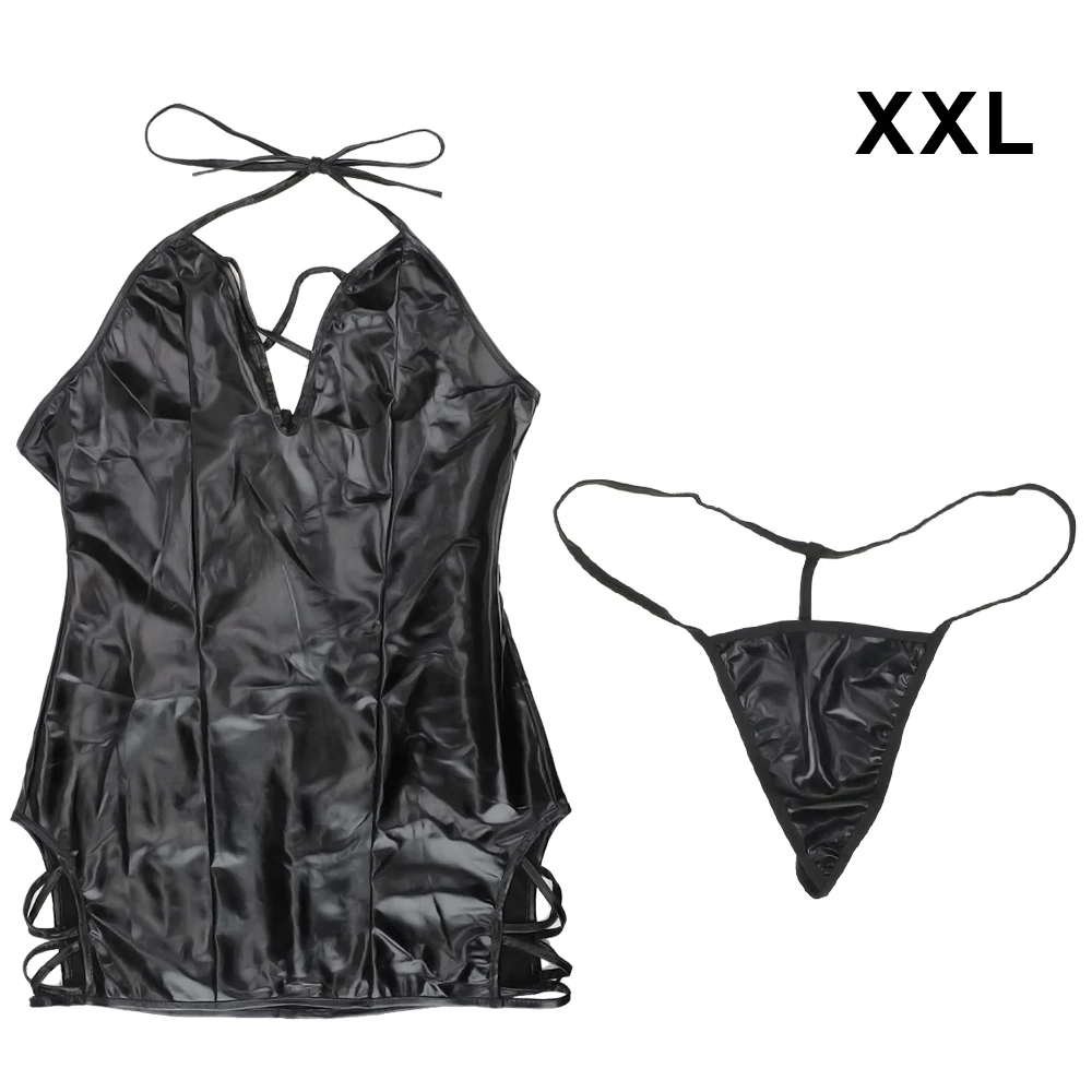 XXL Эротическое платье OLO костюмы порно сексуальное нижнее белье черное пикантное женское белье секс-игрушки для женщин кожаное Связывание Teddies Боди стринги - Цвет: XXL