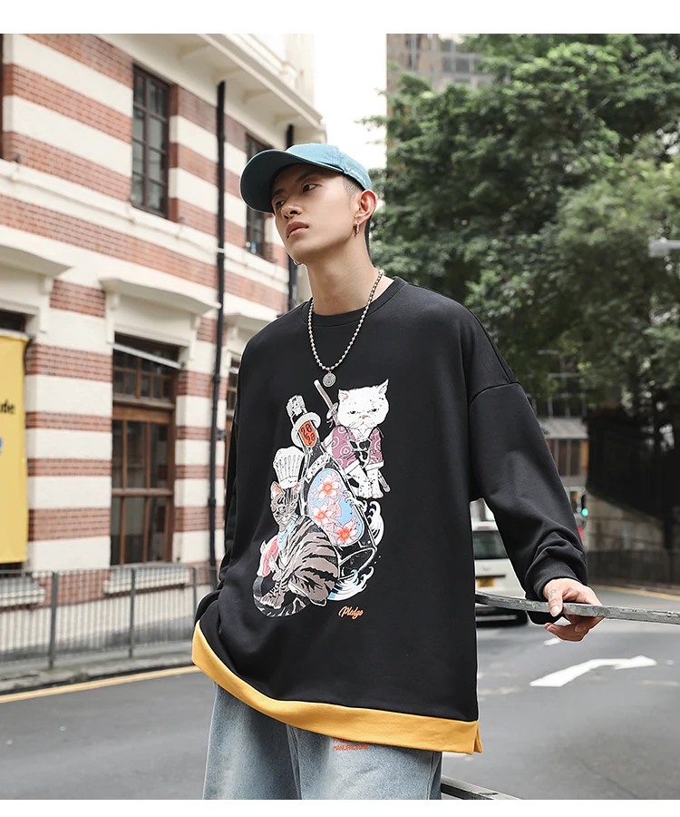 LAPPSTER мужские толстовки Harajuku негабаритных кошек осенние мужские японские уличные черные толстовки мужские забавные хлопковые толстовки с принтом