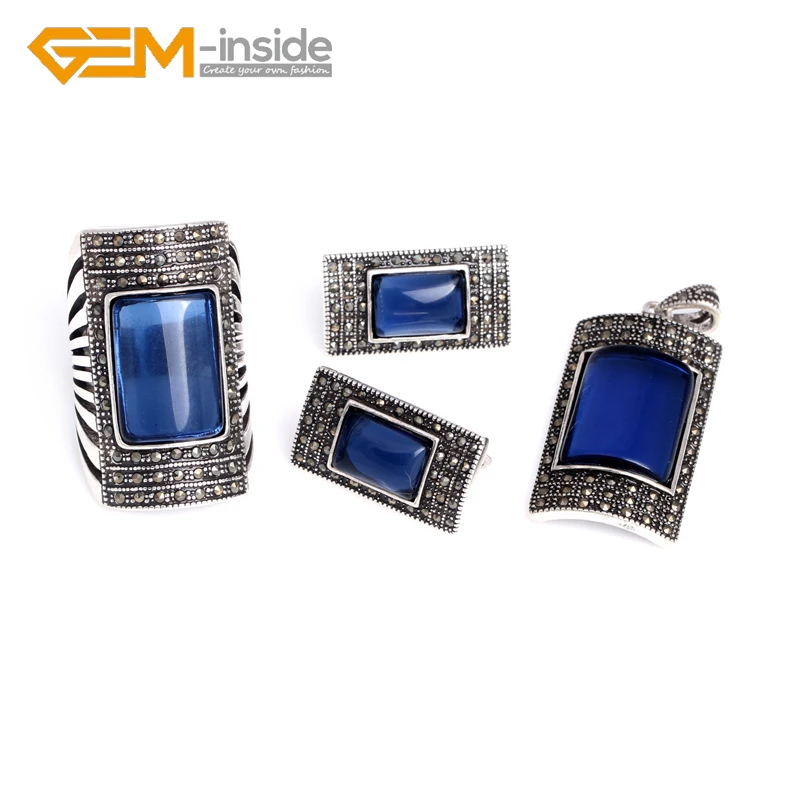 Антикварное Кольцо Серьги Кулон Ювелирные наборы прямоугольник голубое стекло