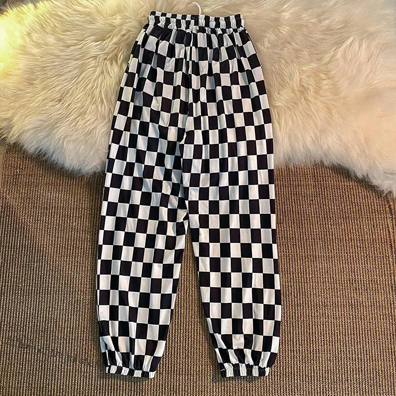 

Internet Celebrity Black and White Plaid Ankle Banded Pants Women's Loose All-Matching Hong Kong Style Korean Fashion Plaid