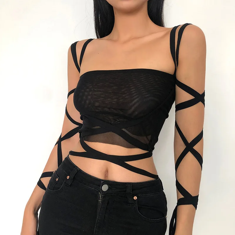 

Summer New Women's Straps Solid Color Navel Fashion Sling Vest Women Sexy Net Yarn Bandage Backless Women Sleeveless Crop Tops