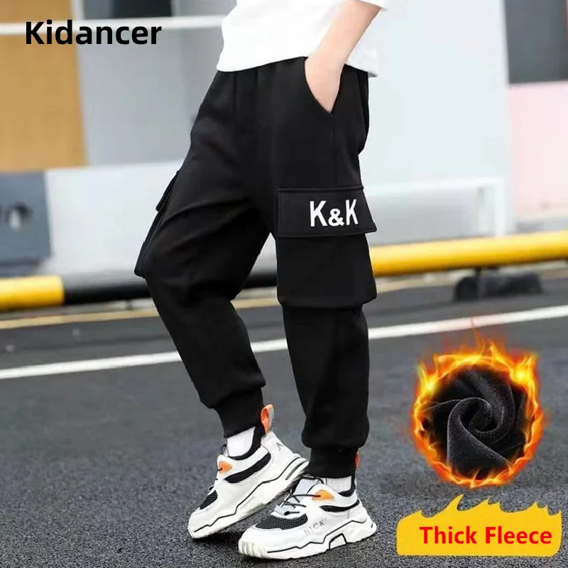 

Kidancer Autumn Pants For Boy Casual Cargo Pants Pockect Fleeced Winter Sports Pants Big Boys Jeans Long Trousers Full Length