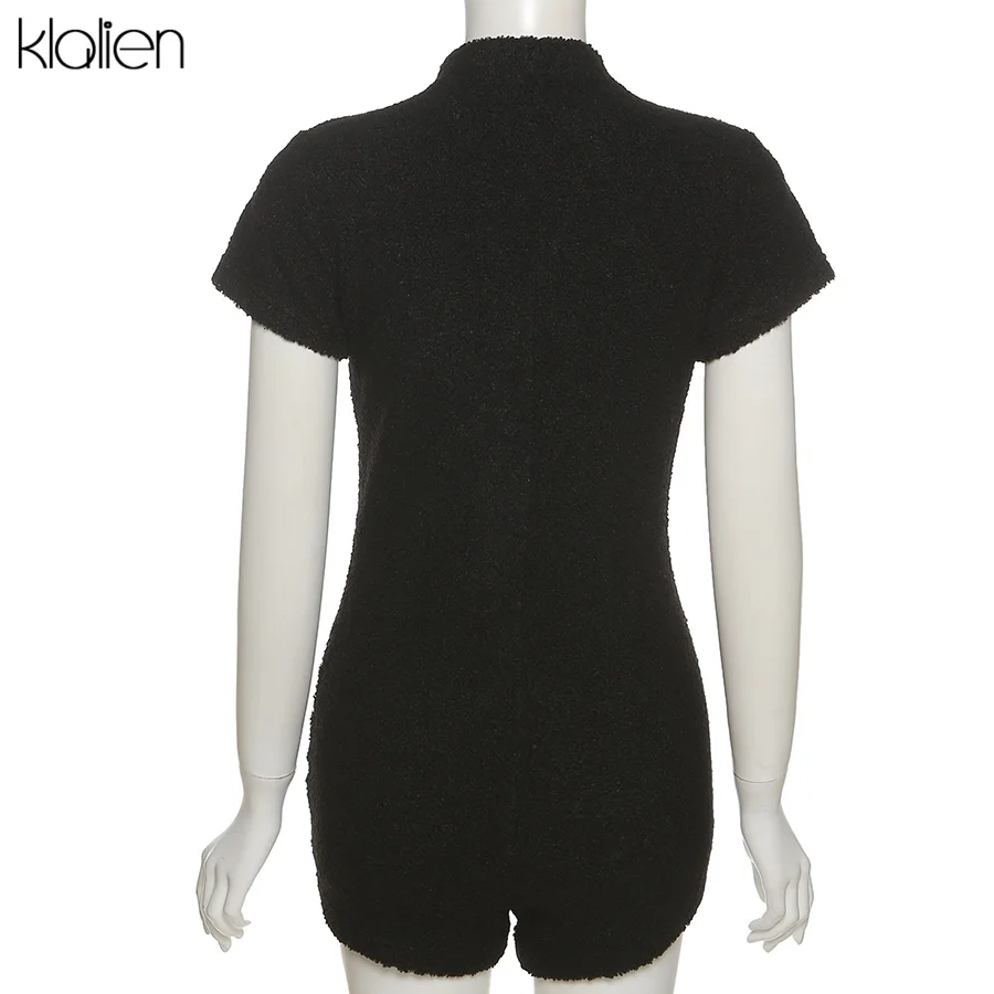 

KLALIEN Fashion Casual Solid Single Breasted Playsuit For Women 2021 New Simple Solid Streetwear Wild Skinny Female Romper