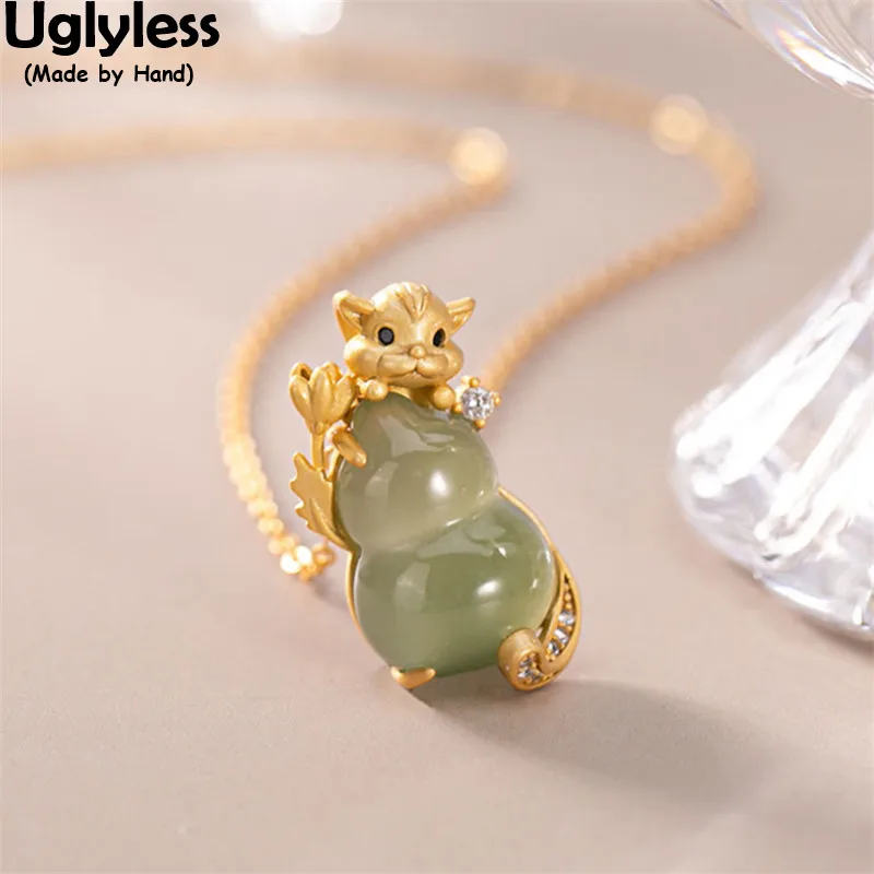 

Uglyless Natural Jade Gourd Necklaces for Women New Design Rat's Year Gift Creative Animals Jewelry 925 Silver Rat Mouse Pendant