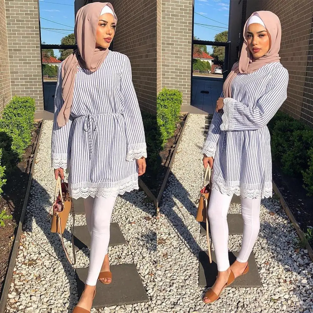 Мусульманская женская полосатая блузка с длинным рукавом футболка повседневные