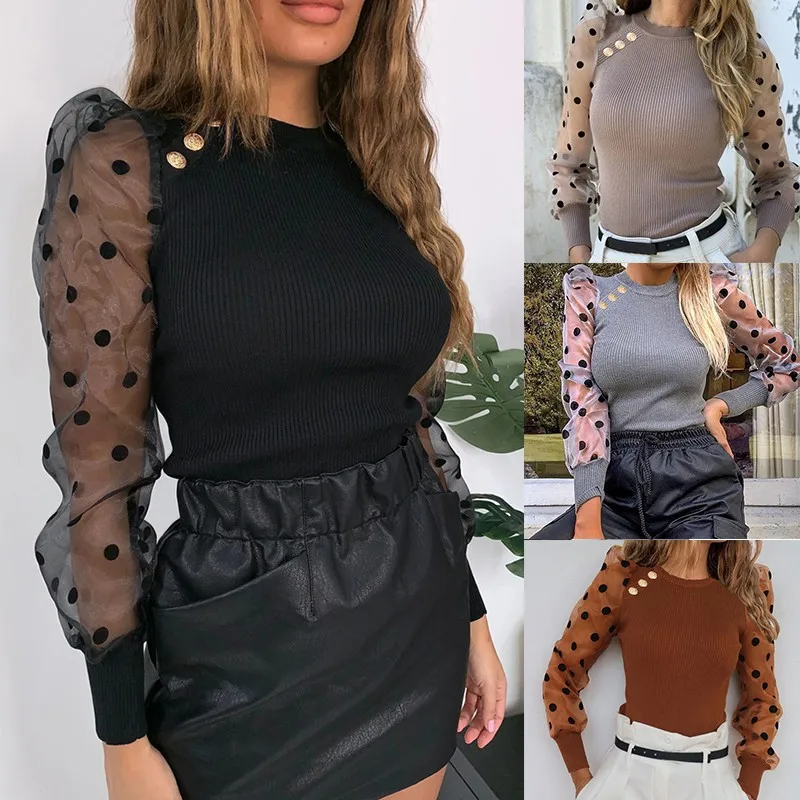 Женский трикотажный свитер с длинным рукавом и круглым вырезом | Женская одежда