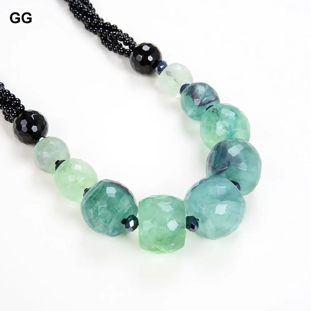 

GG Jewelry 20'' Hand-Made Natural Green Fluorite Black Onyx Crystal Necklace OT Clasp