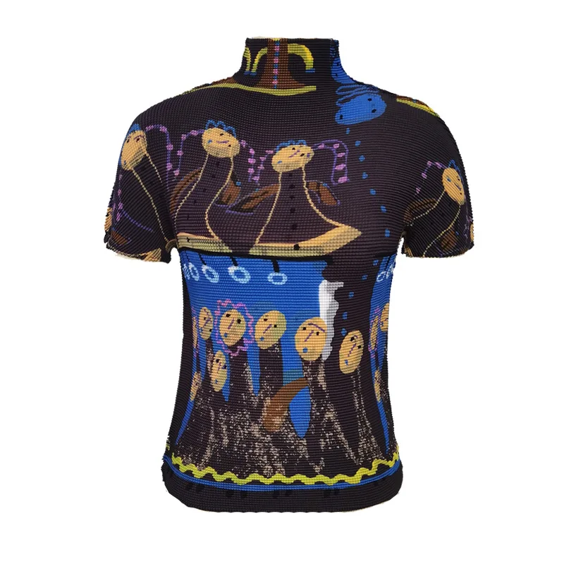 

Plus Size T-Shirt For Women 45-75kg 2020 Elastic Miyake Pleated Fashion Printed Half Turtleneck Short Sleeved Slim Short Tops