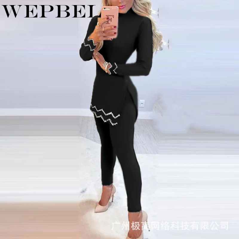 

WEPBEL Women Elegant Tracksuit Ladies Spring Autumn Wave Print Long Split Shirt + Skinny Pencil Pants 2 Piece Set Female Outfits