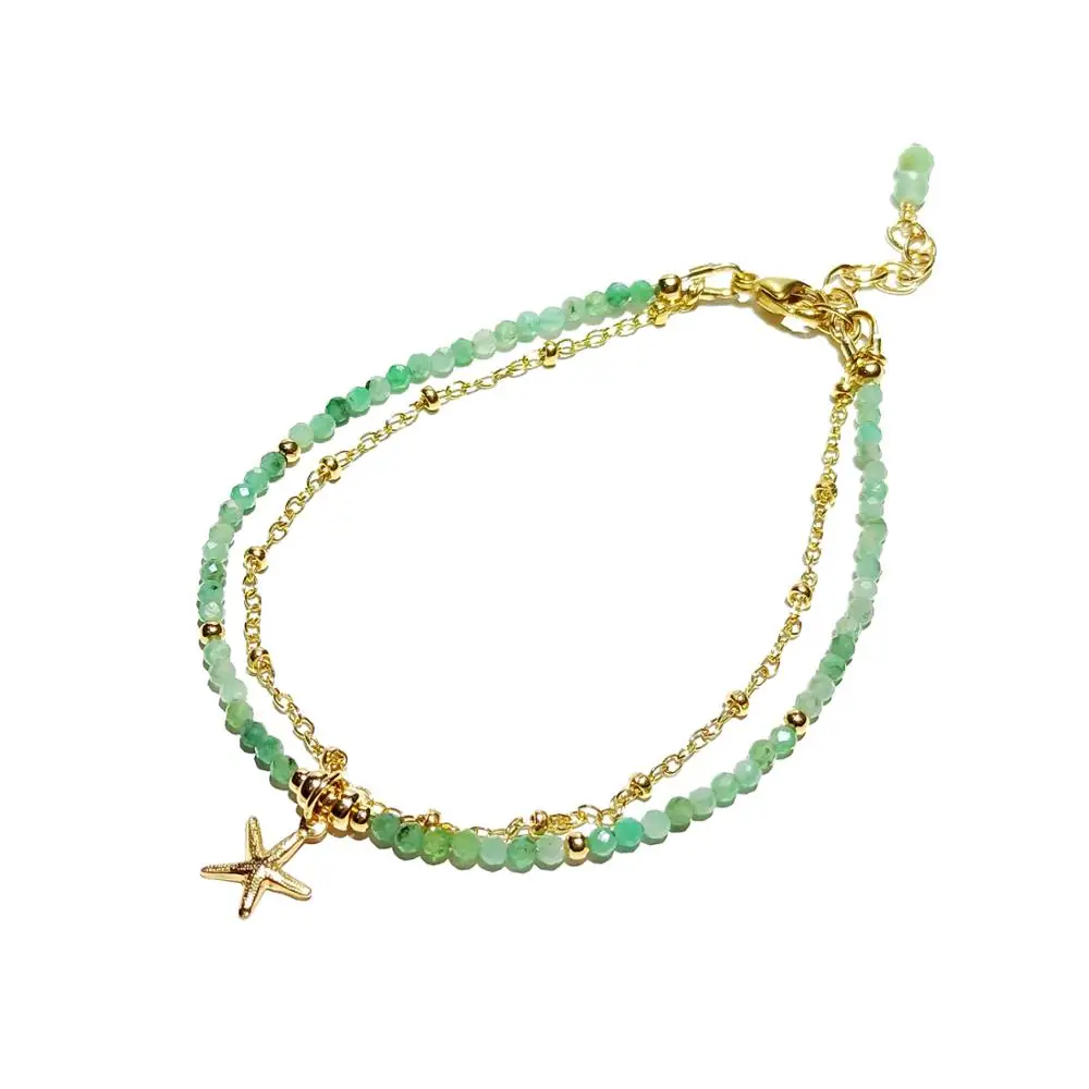 Lii Ji Real Emerald Beaded American 14K Golf Filled 2 Row Chain Link Bracelet Natural Green Stone Starfish Charm Bracelett