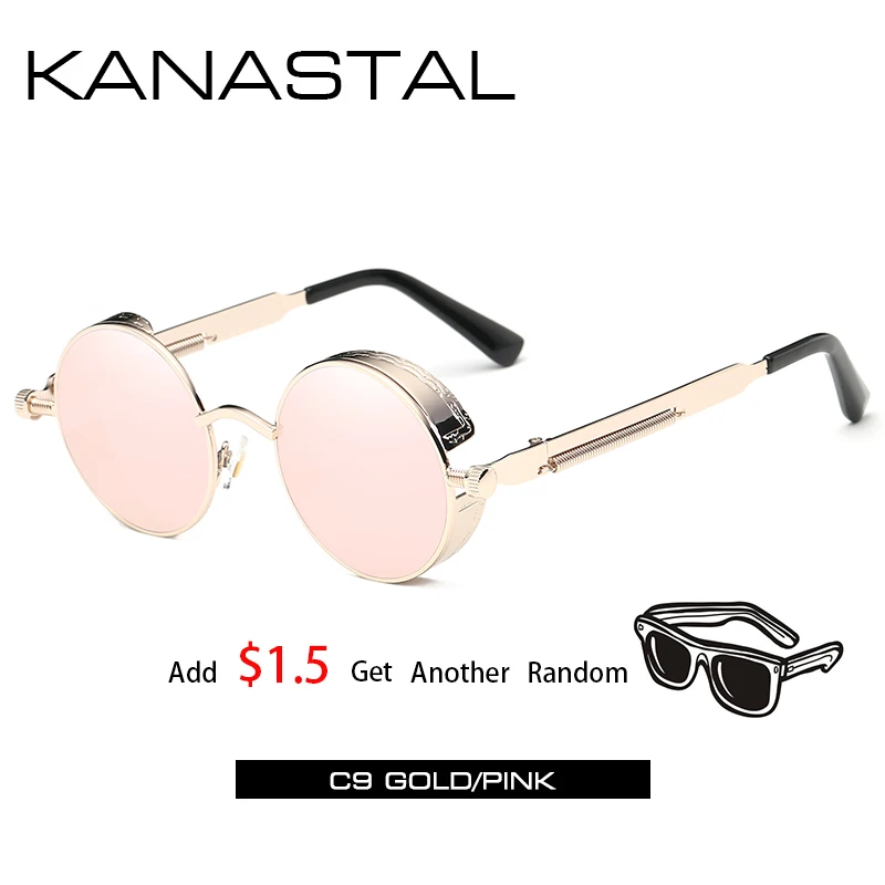 gold pink2 Круглые Солнцезащитные очки в стиле стимпанк, зеркальные Мужские и женские очки в стиле панк, брендовые дизайнерские ретро очки в оправе, винтажные весенние солнечные очки UV400 - Цвет линз: gold pink2