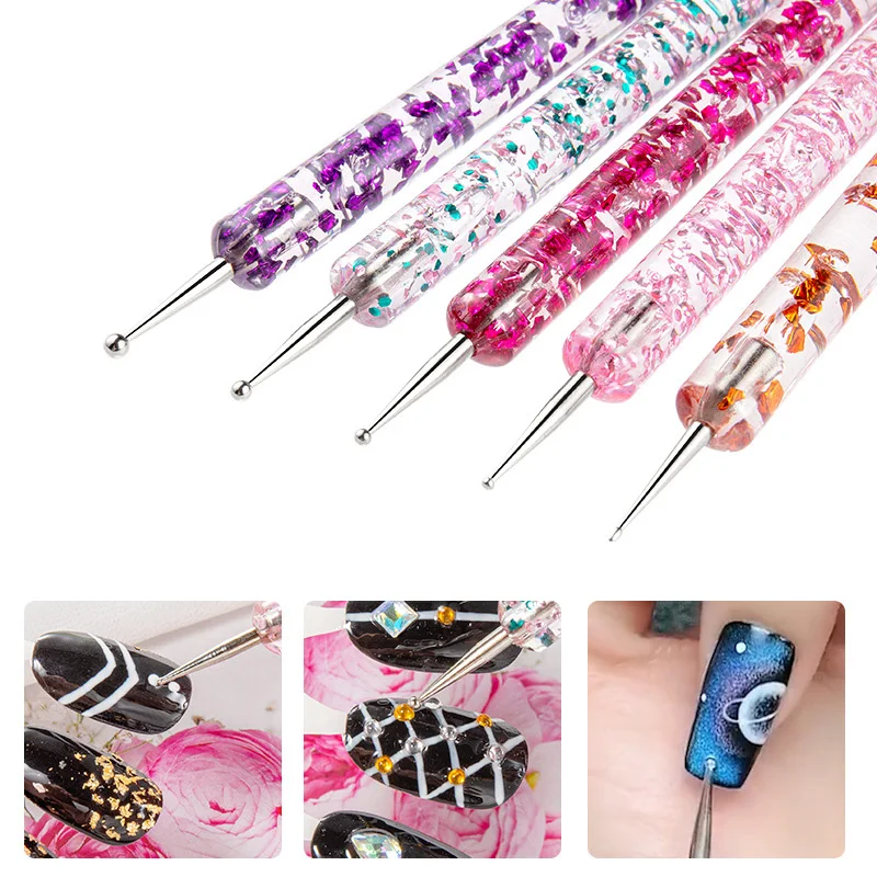 

5Pcs/set Uv Gel Nail Dotting Pen Nail Painting Drawing Tools Rhinestone Crystal 2 Way Picking Acrylic Handle Manicure Tools Kit
