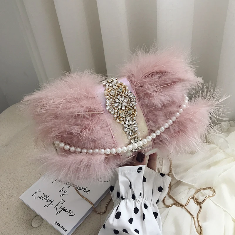 Женская кожаная сумка на плечо вечерняя сумка-клатч с цепочкой и перьями из