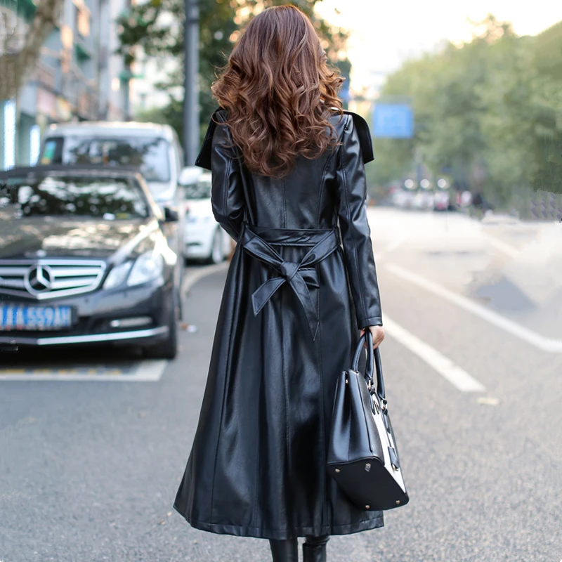 Осенне зимняя куртка из искусственной кожи Женское пальто Длинная тонкая черная