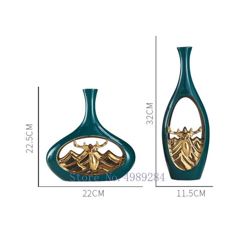Керамическая ваза с вырезами Современная зеленая ажурная золотым оленем для
