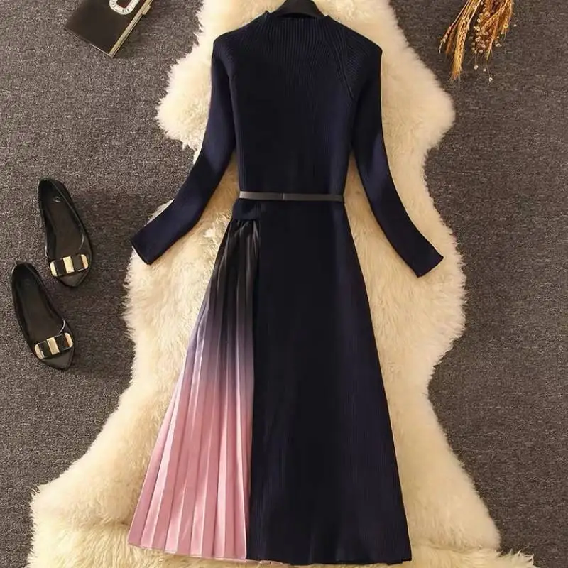 

One-piece elegant temperament knitted skirt Slim slimming fashion formal pleated spring and autumn dress TOPs