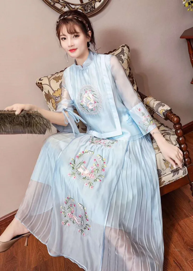 Женский костюм с вышивкой винтажный топ + плиссированная синяя юбка длиной до